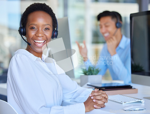 Image of Portrait, call center and black woman on computer in office consulting for crm, contact us or customer service. Face, telemarketing and African lady consultant with online help or friendly advice