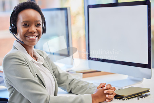 Image of Call center, portrait and black woman on computer mockup in office consulting for crm, contact us or customer service. Happy face, telemarketing and African lady consultant with online help or advice