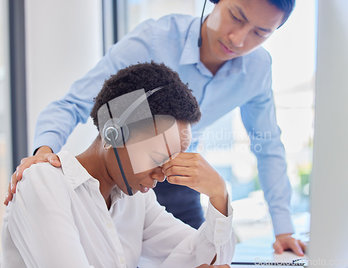 Image of Sad, support and black woman at call center with a man after telemarketing fail or anxiety. Headache, tired and African customer service agent with stress from consulting job and a worker with help