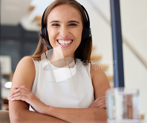 Image of Call center, woman and happy for customer service, telecom support and contact us for CRM questions. Female agent smile with microphone for telemarketing, sales consulting or advisor at help desk
