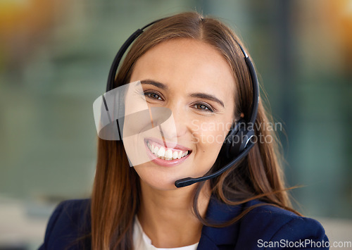 Image of Call center, woman and smile in portrait for communication, customer service or contact us for CRM questions. Face of happy agent, microphone and telemarketing of sales, consulting or telecom support