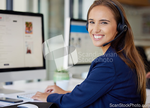 Image of Call center, computer and portrait of woman, consultant or agent for e commerce, telemarketing and customer service. Communication, professional face and person for virtual telecom and website screen