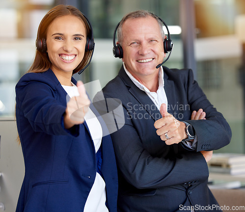 Image of Call center, thumbs up and people in portrait for telemarketing, virtual communication and success, like or support. Thank you hands sign of corporate woman and CEO consultant or agent for contact us