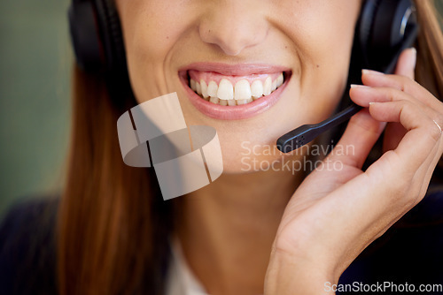 Image of Call center, woman and mouth for communication, customer service and contact us for CRM questions. Closeup, face and happy agent with microphone for telemarketing, sales consulting or telecom support