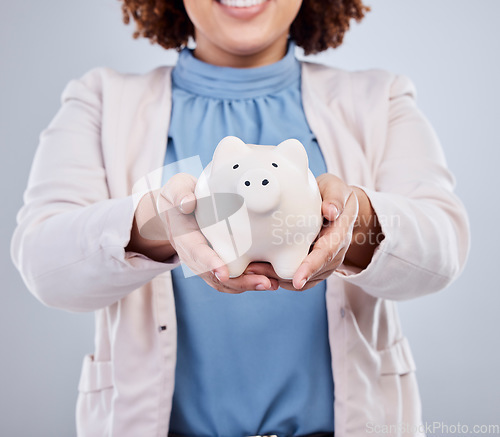 Image of Hands of woman with piggy bank, savings in studio and finance and budget planning with investment loan. Financial freedom, growth and profit, salary management girl with money box on white background