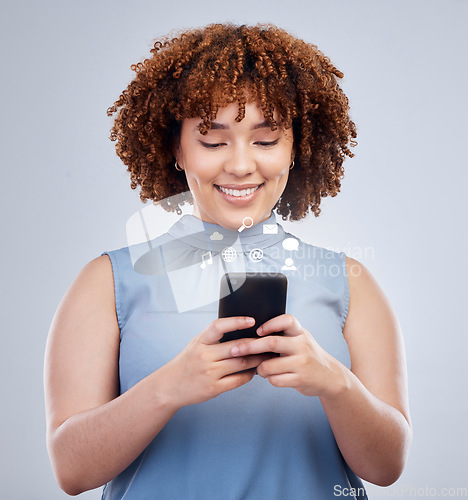 Image of Social media icon, phone and business woman in studio online for text message, internet chat and mobile app. Communication, networking and happy female person on smartphone for website connection