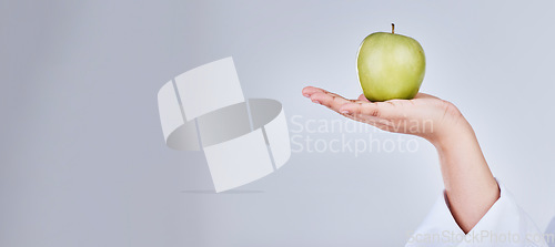 Image of Mockup apple, hand and banner for diet marketing, health promotion or advertising nutrition. Space, wellness and person with a fruit or food for detox or vegan balance isolated on a white background