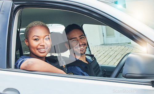 Image of Police, driving together and portrait in car, smile and happy partnership to stop crime with teamwork in city. Black woman, man and patrol street in metro for justice, law and government surveillance