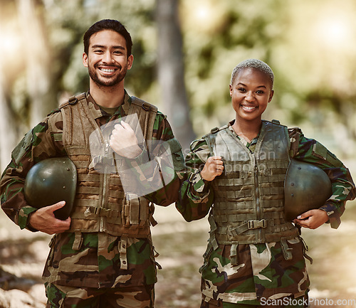 Image of Happy soldier, military and portrait of people in gear in nature for service, protection and training outdoors. Camouflage, army and man and woman for battle, operation and combat exercise in woods