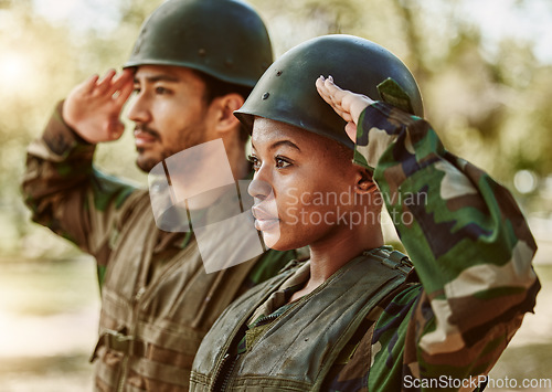 Image of Soldier, military and people salute in nature for service, protection and battle outdoors. War training, national army and man and woman in position for veteran honor, greeting and official duty