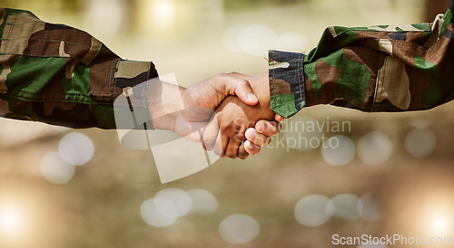 Image of Army, camouflage and handshake for peace deal, problem solving and support for world solidarity. Partnership, connection and military people shaking hands in trust, agreement or mission cooperation.