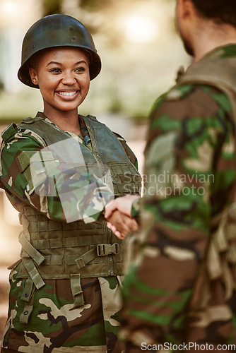 Image of Soldier, army and man and woman with handshake in nature for service, protection and thank you. Camouflage, national military and people shaking hands for veteran honor, greeting and official duty