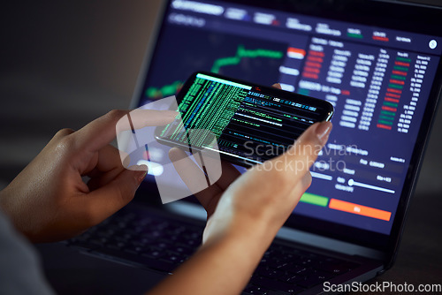 Image of Woman, hands and phone on stock market for financial profit, increase or coding at night by the office. Female person, trader or broker on mobile smartphone in trading, exchange or finance investment