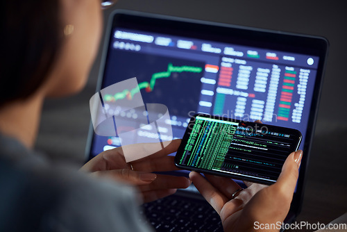 Image of Woman, hands and phone on stock market for trading, profit or financial increase or coding at night by the office. Female person, trader or broker on smartphone app for exchange or finance investment