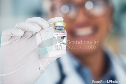 Image of Healthcare, hands and vaccine and medicine bottle with doctor in blurry background. Innovation, vaccination and medical professional with container for treatment for prevention or cure for smallpox.