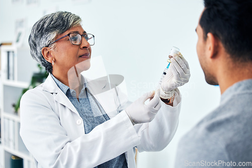 Image of Senior doctor, woman and prepare with needle for patient for healthcare at hospital for treatment. Consultation, medicine and medical professional with syringe for checkup, injection and vaccine.