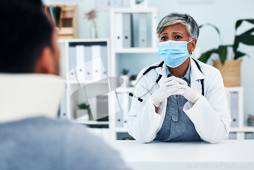 Image of Consultation, doctor and patient with a neck brace in the hospital after an injury or accident. Concern, career and male at medical checkup with a female healthcare worker in her office at the clinic