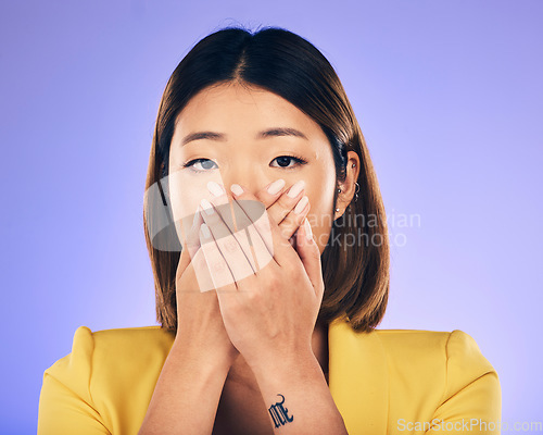 Image of Hands, face and woman with shock or stress in crisis, accident or mistake in business, startup or fail in professional career. Surprise, announcement and Asian businesswoman with fear or anxiety