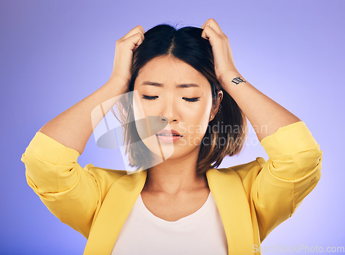 Image of Thinking, anxiety and woman with stress in crisis, accident or mistake in business, startup or fail in professional career. Frustrated, face and sad Asian businesswoman with hand, decision or choice