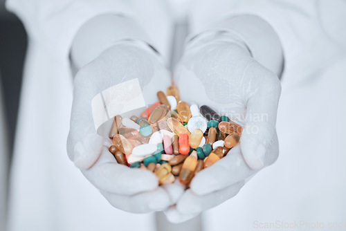 Image of Pharmacy, medicine and pills with hands of doctor for offer, wellness and supplements. Pharmacist, medical and healthcare with closeup of person and capsules for vitamins, product and prescription