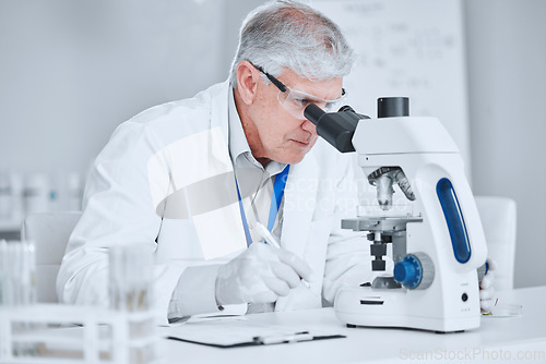 Image of Microscope, healthcare and research with old man in laboratory for pharmacy, medical and vaccine. Chemistry, science and medicine with scientist and study for solution, development and sample results