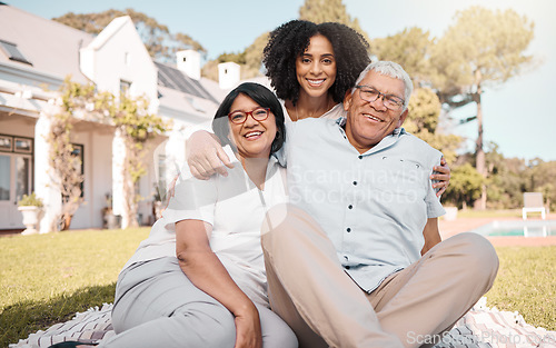 Image of Portrait, family and hug in a garden for love, care or bonding together on the weekend. Smile, happy and a woman with senior mother and father relax with daughter in home backyard in summer on grass