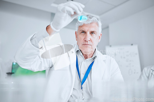 Image of Laboratory, scientist with liquid solution checking results of medical study and pharmaceutical research. Healthcare, experiment and senior man in lab studying vaccine development or drugs for future