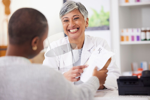 Image of Senior pharmacist woman, customer and paper with smile, prescription and pointing with advice. Mature pharmacy manager, document and helping hand for wellness, healthcare and retail store for drugs