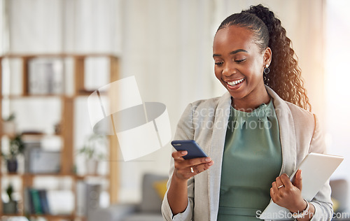 Image of Happy black woman, phone and communication at office with smile in networking or social media. African female person or employee enjoying online browsing or chat on mobile smartphone app at workplace