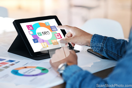 Image of Hands, business and tablet screen for seo, networking and graphic of target audience research. Closeup worker, person or technology of search engine optimization, paper and planning digital marketing