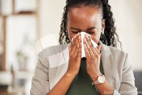 Image of Blowing nose, business and sick black woman with tissue for hayfever, allergies and flu symptoms. Health, corporate and female worker with handkerchief for cold, sinus problem and infection in office