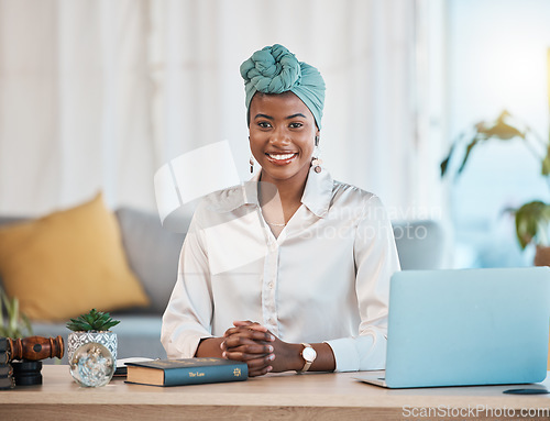 Image of Happy, desk and portrait of a black woman for remote work, entrepreneurship or home management. Smile, business and an African employee or girl at a table in a house for a professional workspace