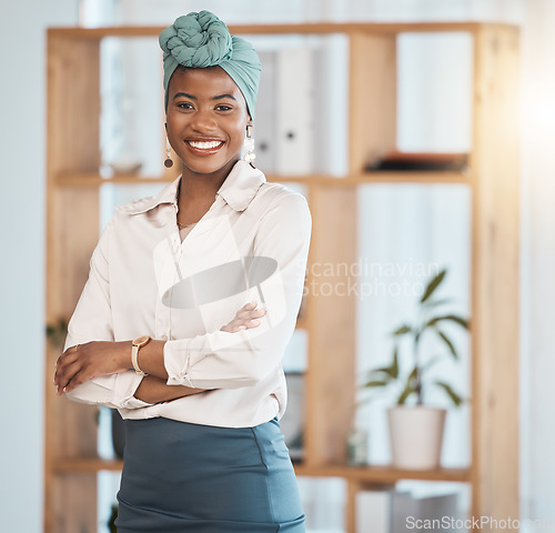 Image of Happy, arms crossed and business with portrait of black woman in office for lawyer, advocate and professional. Corporate, pride and legal with person in workplace for attorney, justice and mindset