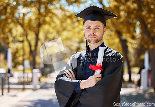 Image of Graduation, diploma and arms crossed with man portrait with education paper and serious outdoor. Vision, certificate and male student with scholarship and university degree with graduate and study