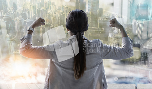 Image of Power, overlay and business woman in a city office flexing for corporate company success and with winning mindset. Buildings, innovation and back view of entrepreneur with a future of growth or goal