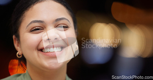 Image of Face, happy and portrait of woman accountant and proud with bokeh, mockup and confident for work or job. Head, looking and young female person with positive mindset, inspiration and motivation