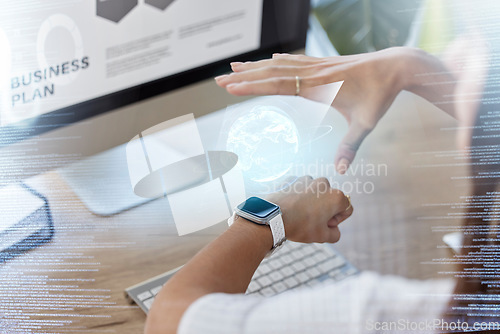 Image of Hand, closeup and smart watch with hologram, globe and online with planning, futuristic and trading. Female person, tracker or investor with progress, app or coding with tech, internet and investment