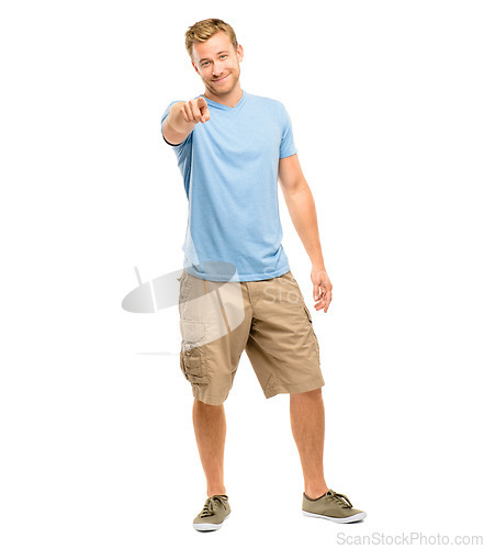 Image of Happy, pointing at you and portrait of a man in studio for accountability, nomination or motivation. Male model with hand sign for choice, opportunity or casual fashion isolated on white background