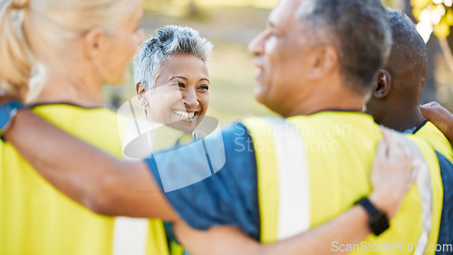 Image of Volunteers, hug and support for meeting at park for charity with smile for community in outdoor. Ngo, help and clean at outdoor with care for project or campaign for public or environment.