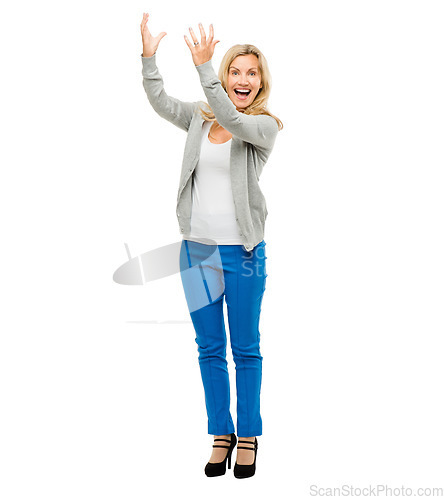 Image of wow, hand holding and portrait of mature woman in studio with product placement, promo of offer against white background. Face, smile and female person showing announcement, deal or coming soon sale