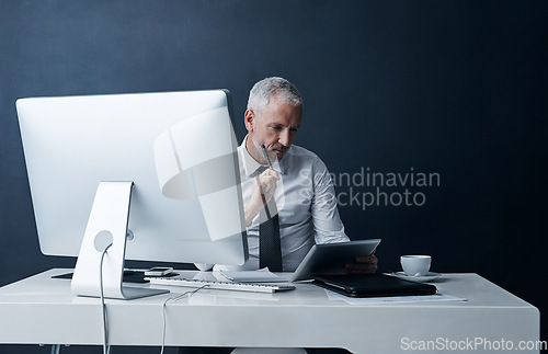 Image of Tablet, thinking and business man online for social media, internet and browse website in office. Networking, corporate worker and mature male person on digital tech for ideas, strategy and planning