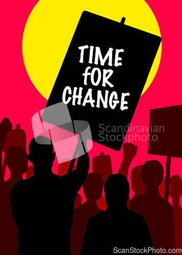 Image of Protest, poster and digital art of people shadow or silhouette on red background for human rights, vote and justice. Fist, power and community illustration for rally, revolution and politics fight