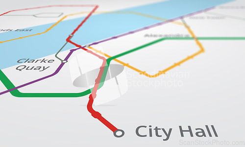 Image of Gps, map and navigation for travel or location with roadmap lines, dots or city hall pin on street. Abstract, background and technology or system to search place, route or destination in Singapore