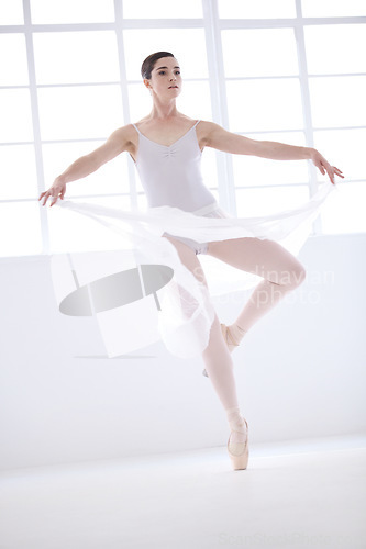 Image of Dance, ballet and art with woman in studio for balance, elegant and performance. Creative, theatre and training with female ballerina dancing in class for competition, freedom and commitment
