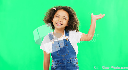 Image of Face, wave and girl greeting, welcome and green screen with happiness, hello and carefree. Portrait, female child and young person with welcome, excited and joyful with hi, facial expression or smile