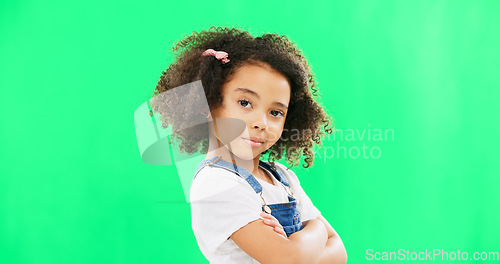 Image of Face, eyebrows and child on green screen with attitude, arms crossed and confident on mockup background. Portrait, confident and girl with emoji, smirk and expression, looking and posing in studio