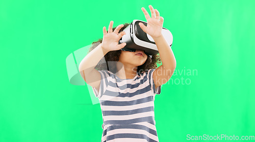 Image of Metaverse, green screen and girl with virtual reality glasses, futuristic and online games. Young person, female child and kid with vr, gamer and headset for gaming, innovation and digital eyewear