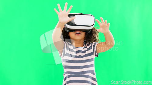 Image of Metaverse, green screen and girl with virtual reality glasses, futuristic and online games. Young person, female child and kid with vr, gamer and headset for gaming, innovation and digital eyewear