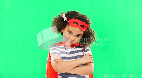 Image of Child, superhero and hand on green screen to stop crime and fight with fantasy, dream or cosplay costume. Girl power, hero and pretend game with strong kid portrait to protect freedom of imagination