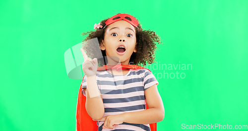 Image of Thinking, superhero and child on green screen with idea stop crime and fight with fantasy or cosplay costume. Girl power, hero and pretend game with strong kid portrait to protect freedom and justice